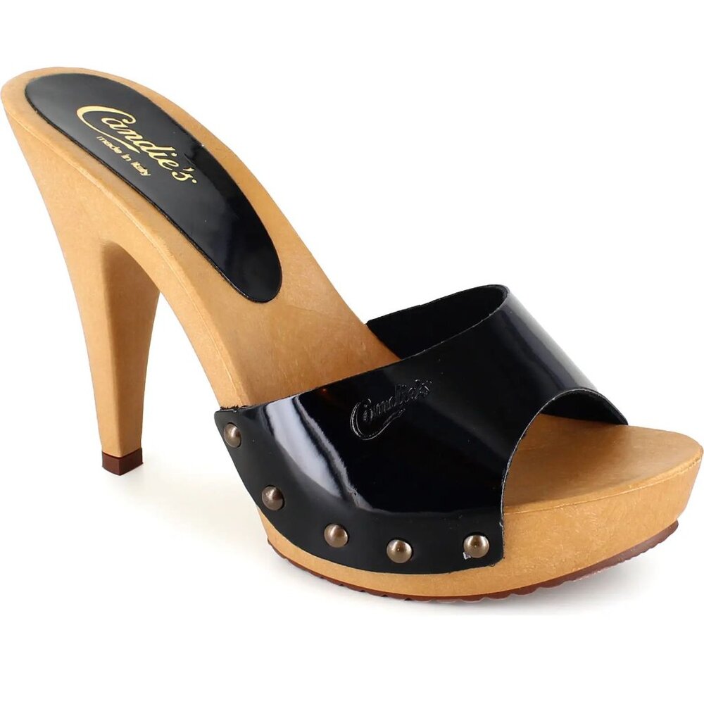 Candie's Black Patent Leather Sandals with Wooden Platform